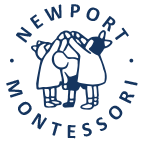 A blue logo of newport montessori