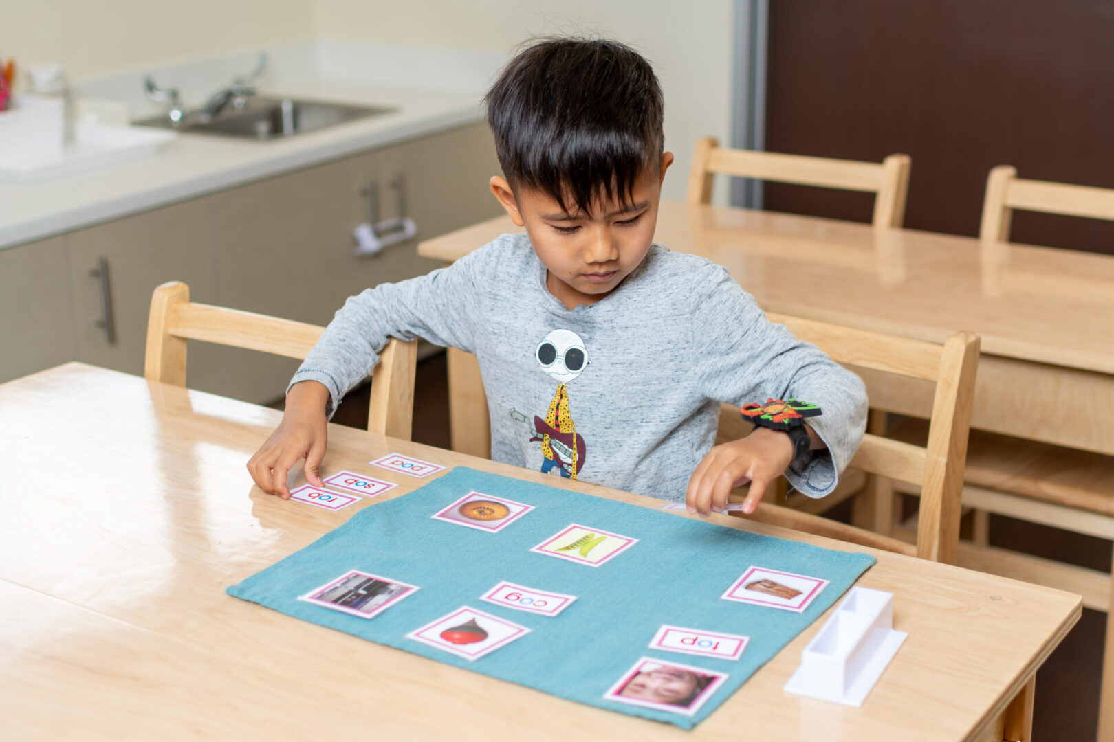 A boy playing with educational photocards